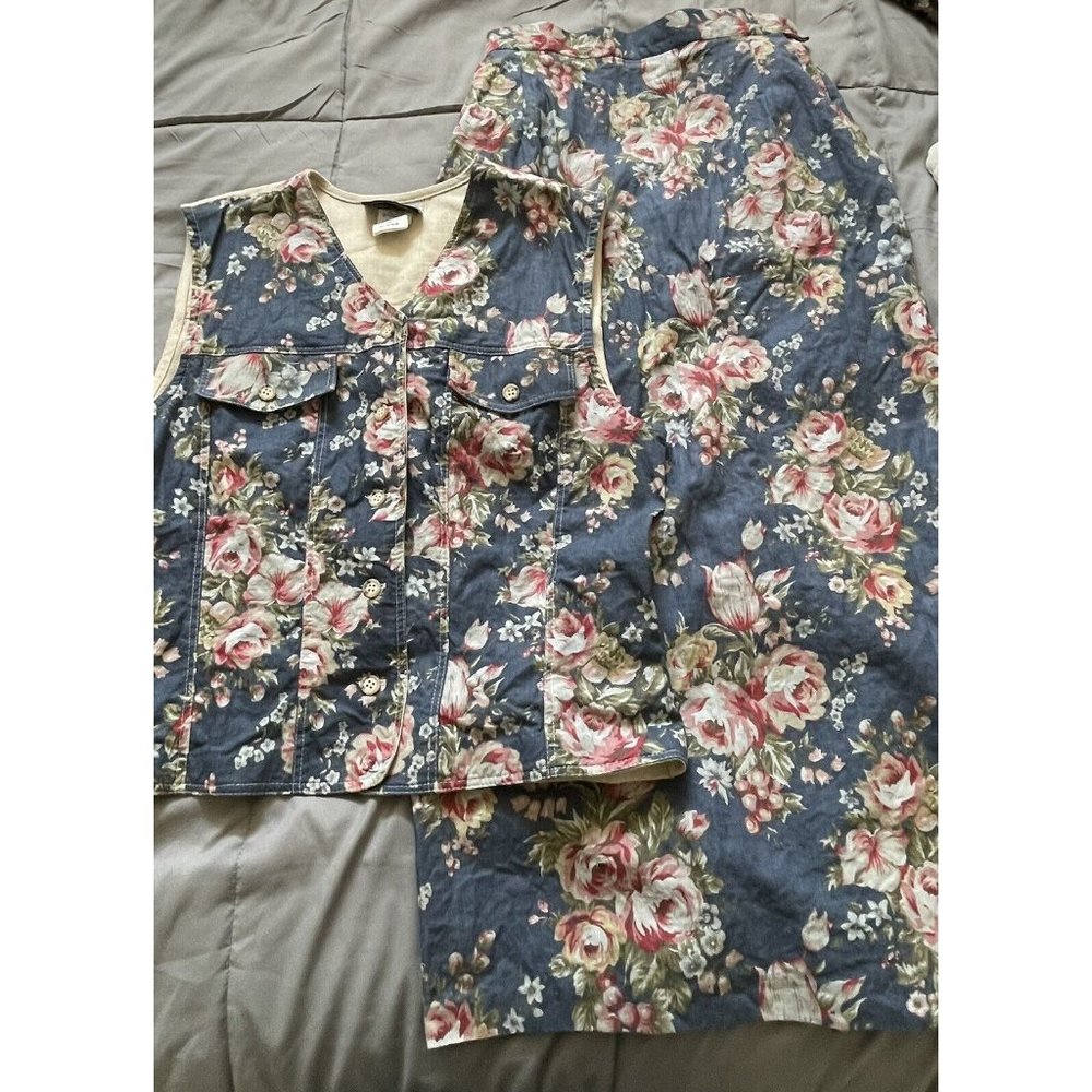 Vintage Stonebridge Blue Floral Vest and Maxi Skirt Set Large 10